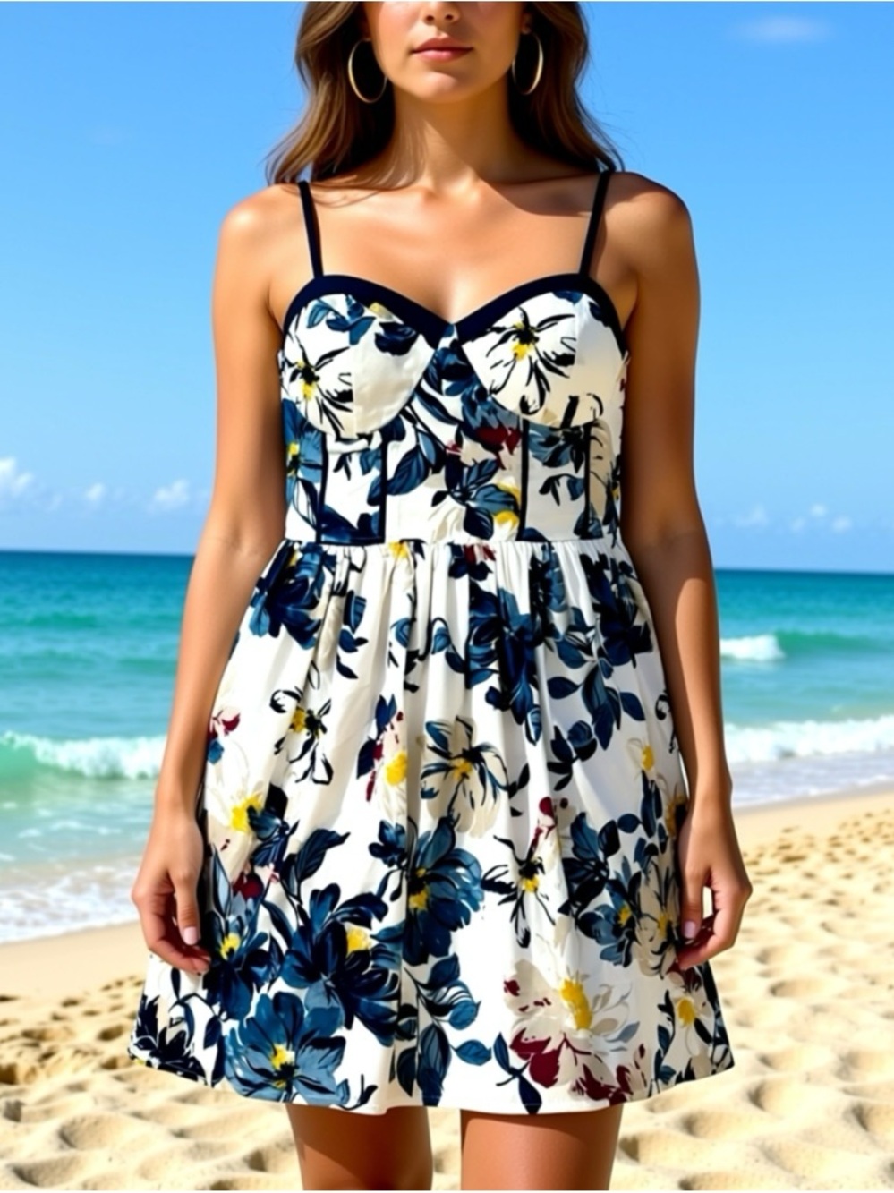 Band of Gypsies White Floral Mini Dress with Navy Trim